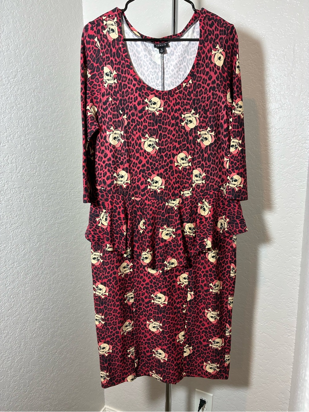 Women's Red Leopard Print Peplum Dress with Skull Accent #goth #halloween
